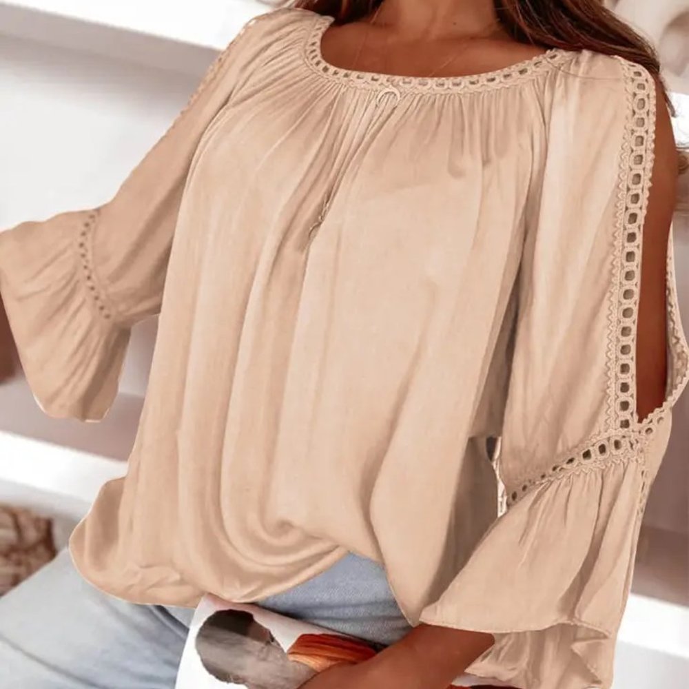 Lace Crochet Cut-Out Bracelet Sleeve Ruffle Blouse - Picture 2 of 5